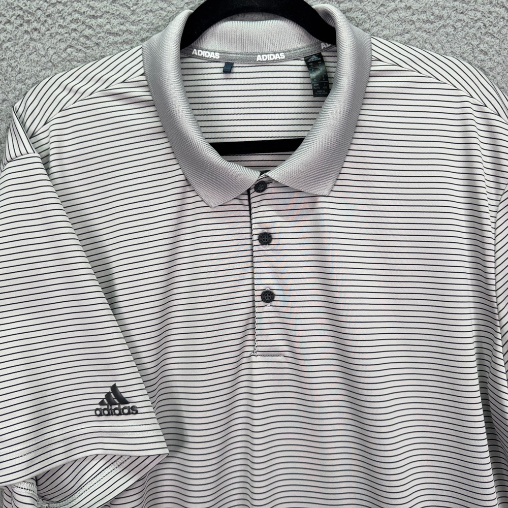 Adidas Polo Shirt Men XL Gray Black Striped Golf Preppy Sport Performance Active